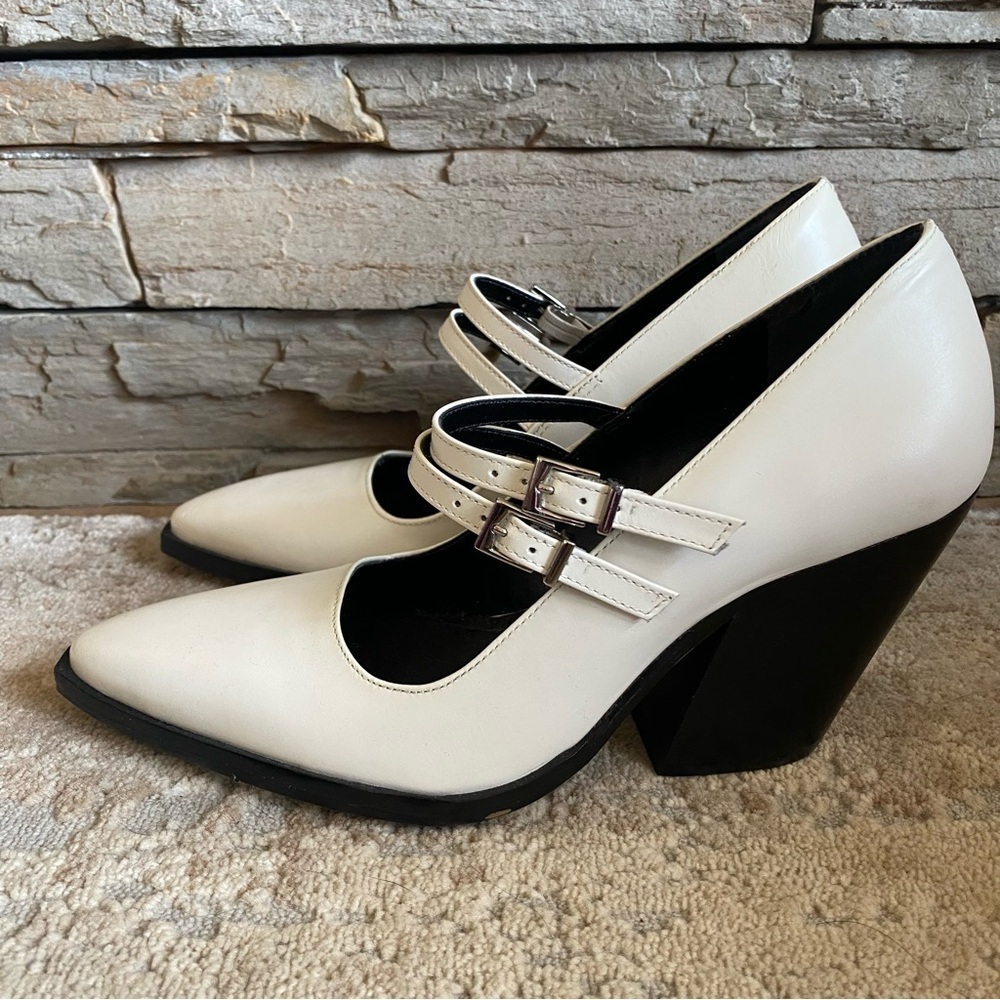 Vince Camuto Gessyca Mary Jane White Double-Strap Heels Leather Pointed Toe: 7